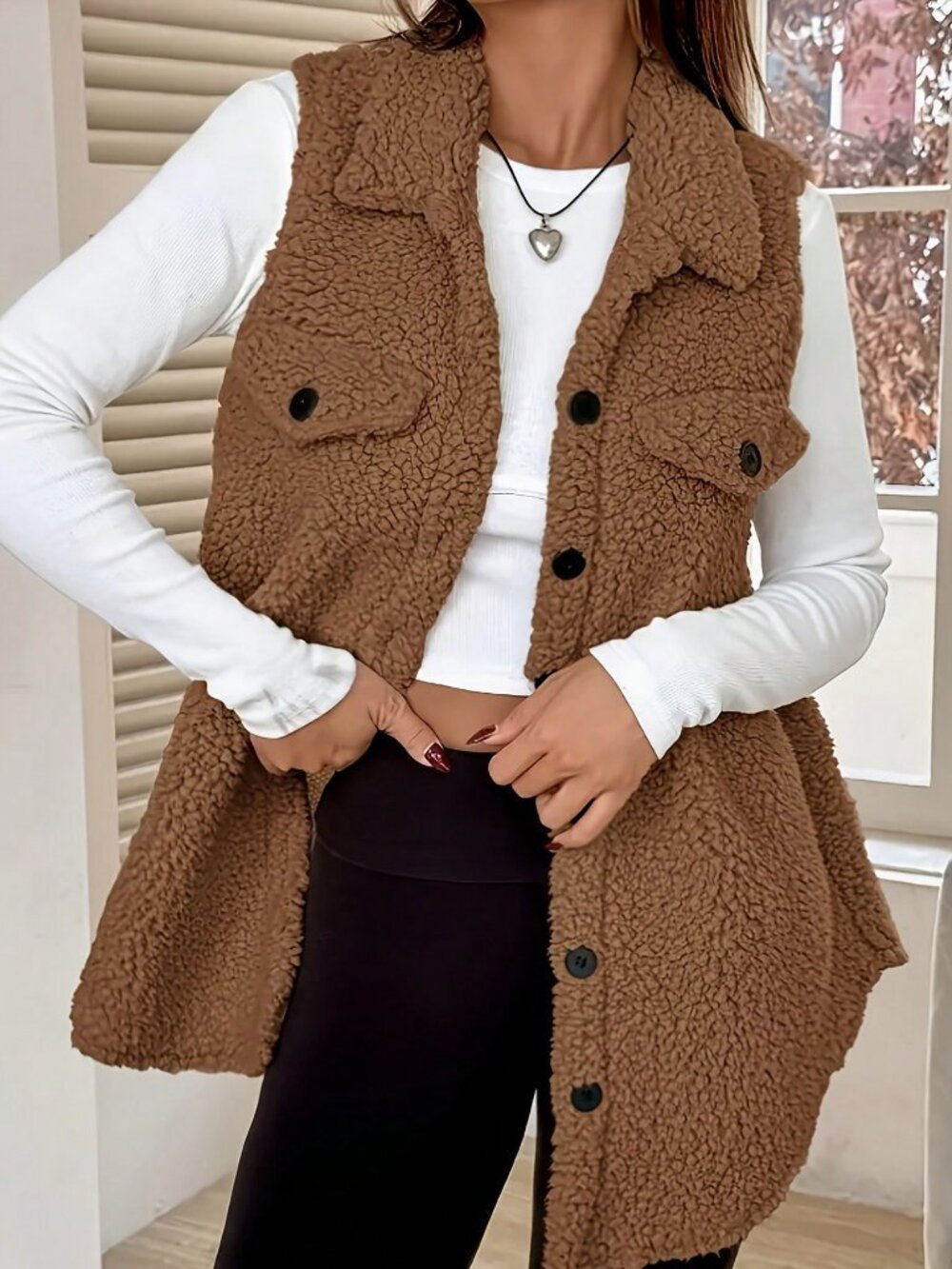 Brown Casual Women's Long Teddy Sherpa Waistcoat